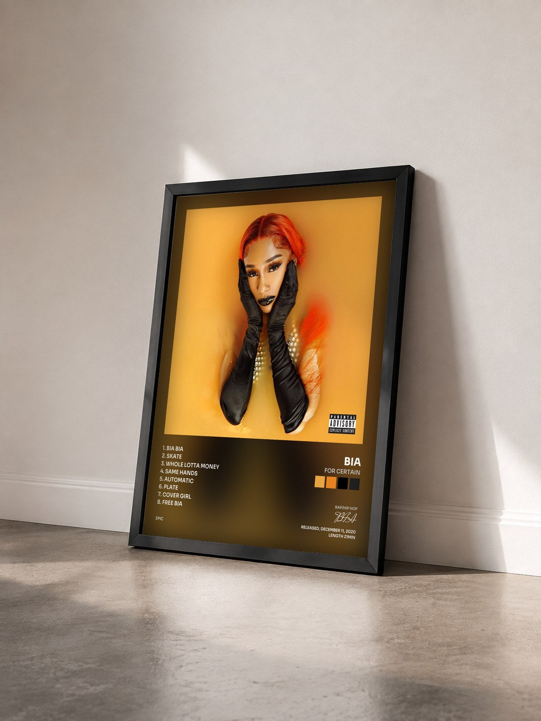 #noir Tableau de l'album FOR CERTAIN de BIA vu de trois quarts, cadre noir