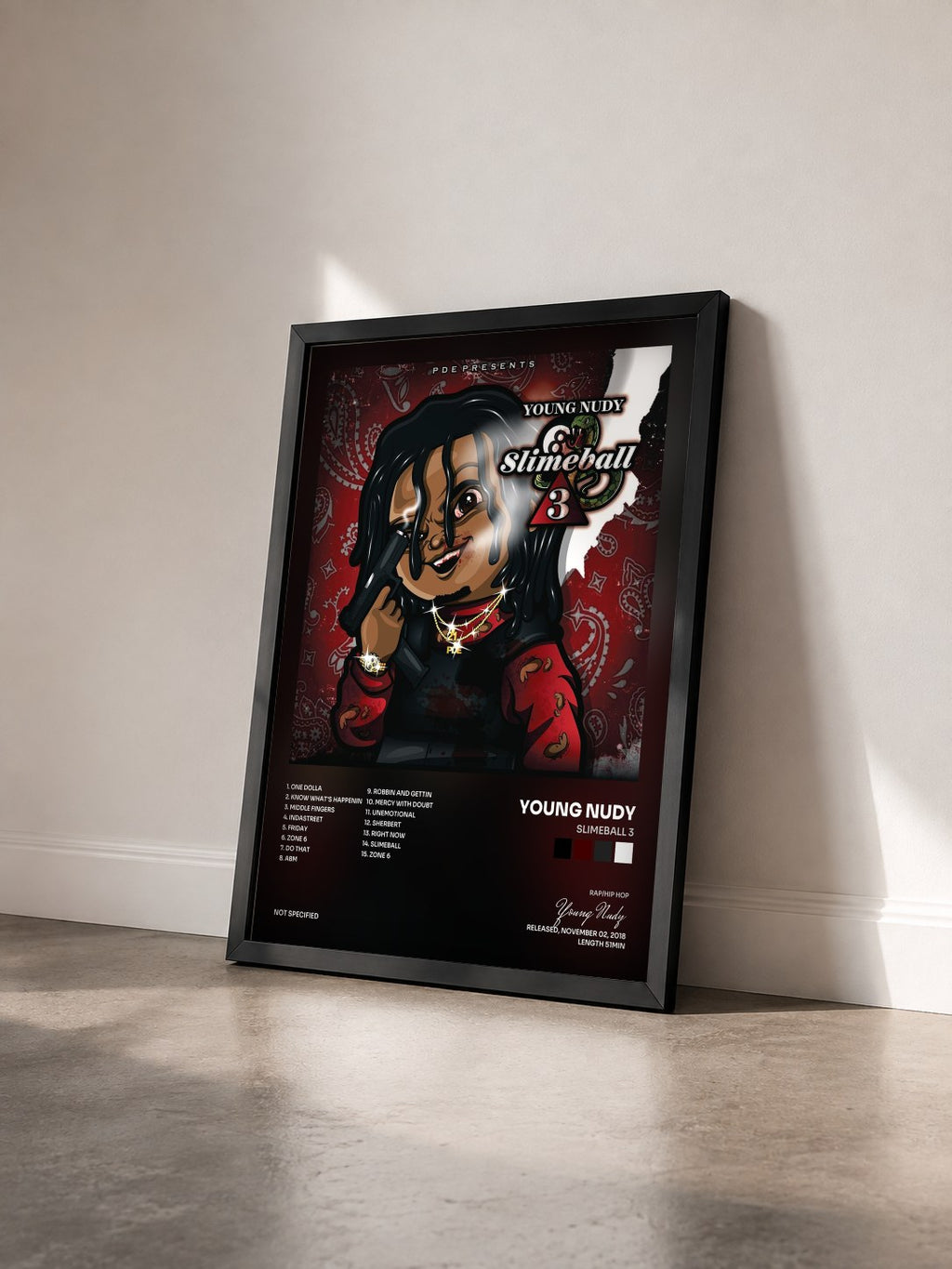 #noir Tableau de l'album SlimeBall 3 de Young Nudy vu de trois quarts, cadre noir