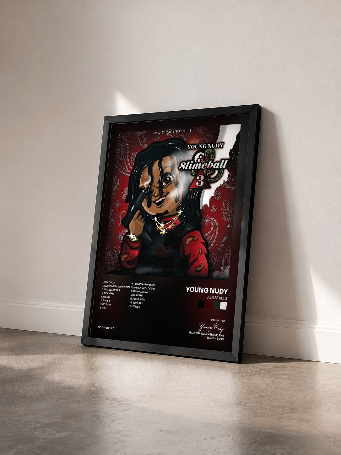 #noir Tableau de l'album SlimeBall 3 de Young Nudy vu de trois quarts, cadre noir