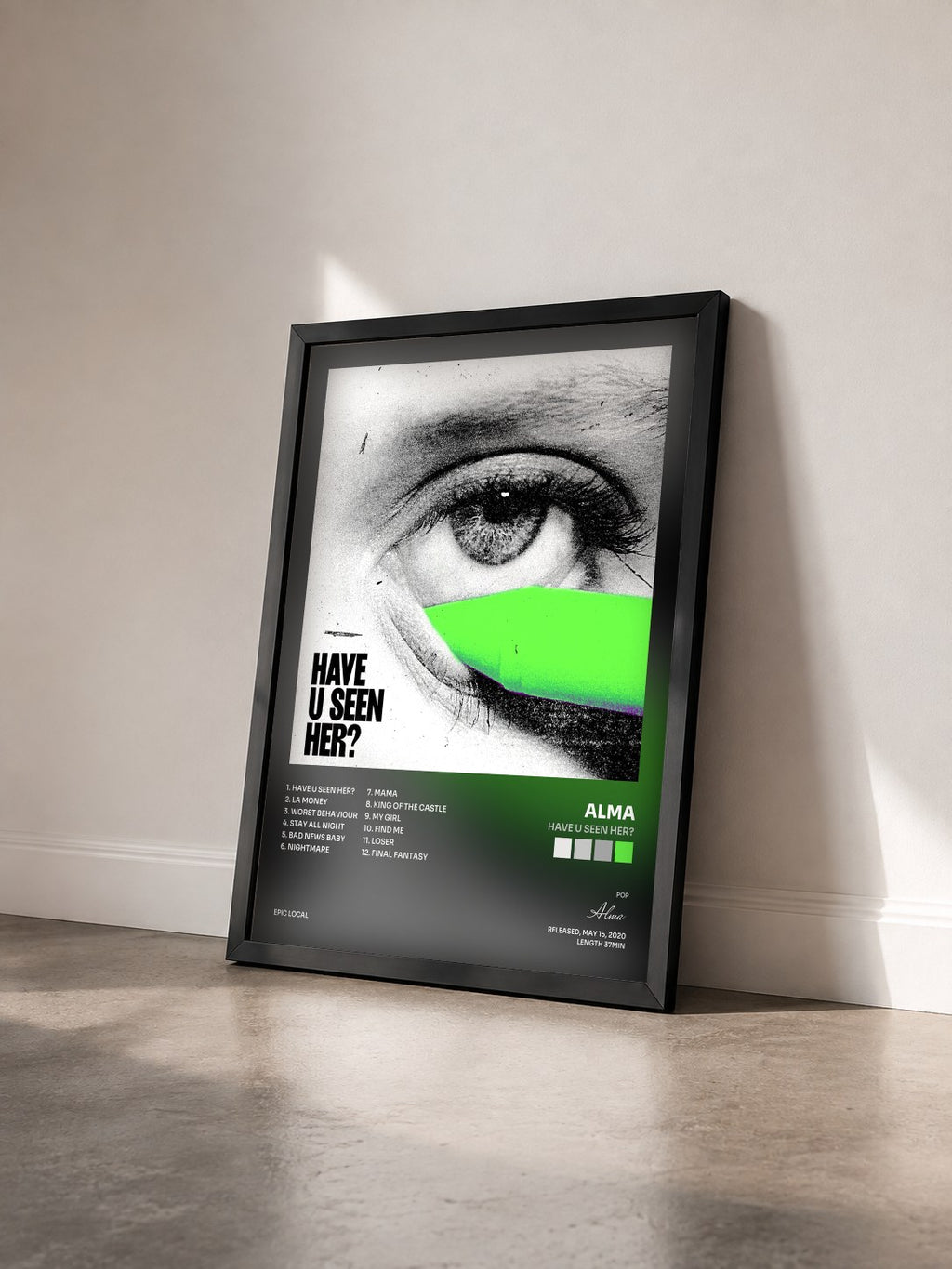 #noir Tableau de l'album Have U Seen Her? de Alma vu de trois quarts, cadre noir