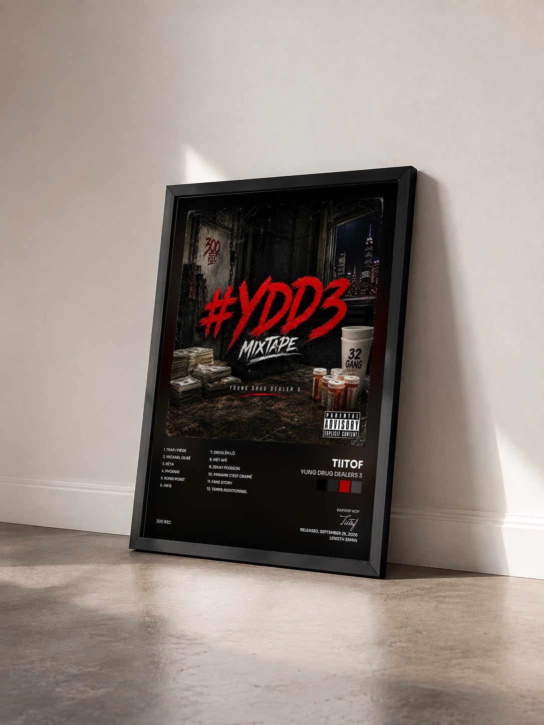 #noir Tableau de l'album Yung Drug Dealers 3 de Tiitof vu de trois quarts, cadre noir