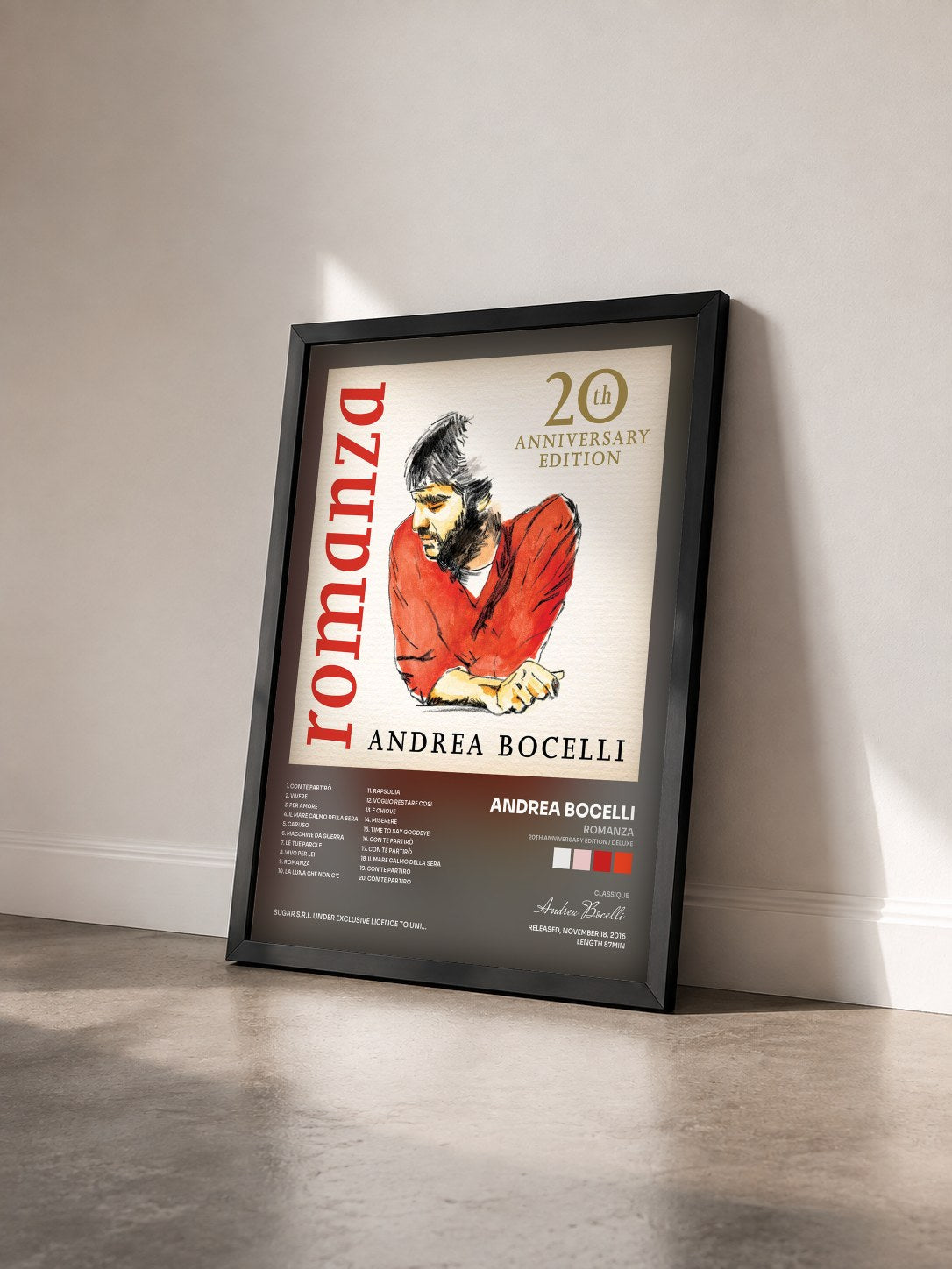 #noir Tableau de l'album Romanza (20th Anniversary Edition / Deluxe) de Andrea Bocelli vu de trois quarts, cadre noir