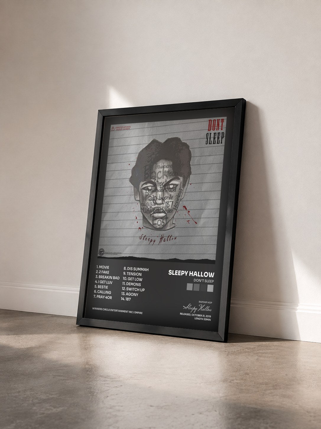 #noir Tableau de l'album DON'T SLEEP de Sleepy Hallow vu de trois quarts, cadre noir