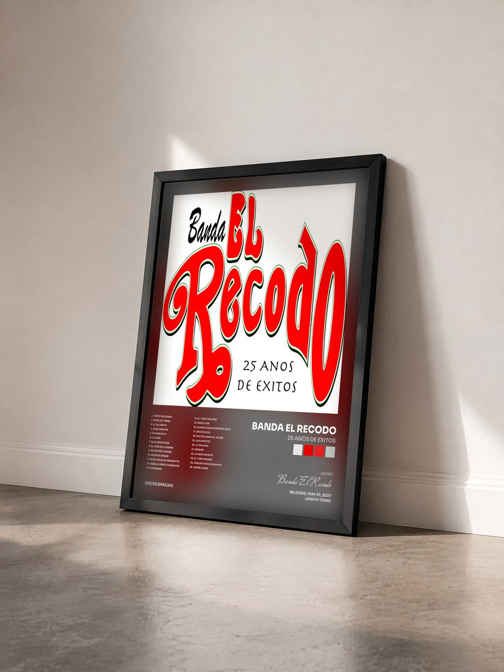 #noir Tableau de l'album 25 Años De Éxitos de Banda El Recodo vu de trois quarts, cadre noir