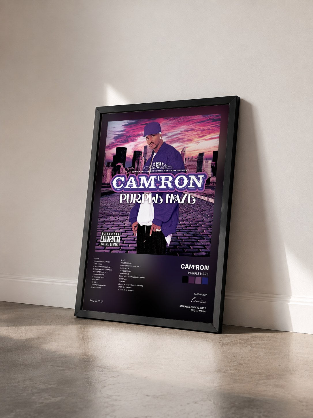 #noir Tableau de l'album Purple Haze de Cam'ron vu de trois quarts, cadre noir