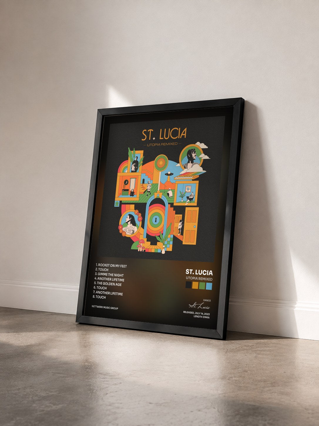#noir Tableau de l'album Utopia Remixed de St. Lucia vu de trois quarts, cadre noir