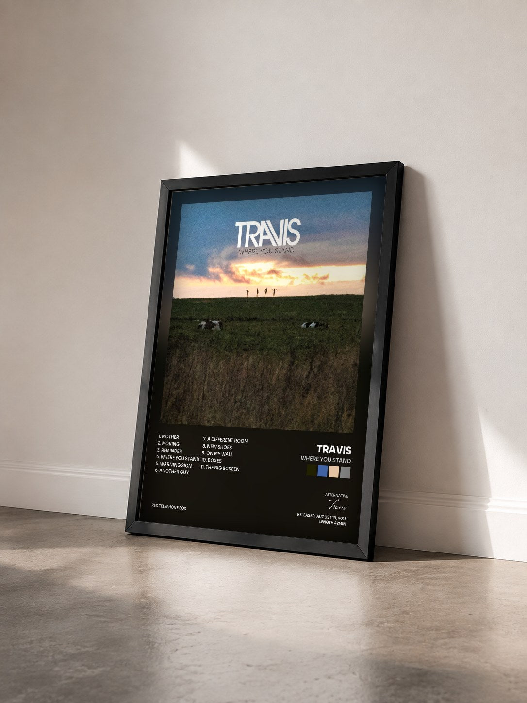 #noir Tableau de l'album Where You Stand de Travis vu de trois quarts, cadre noir