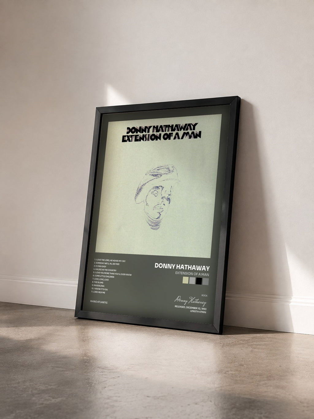 #noir Tableau de l'album Extension of a Man de Donny Hathaway vu de trois quarts, cadre noir