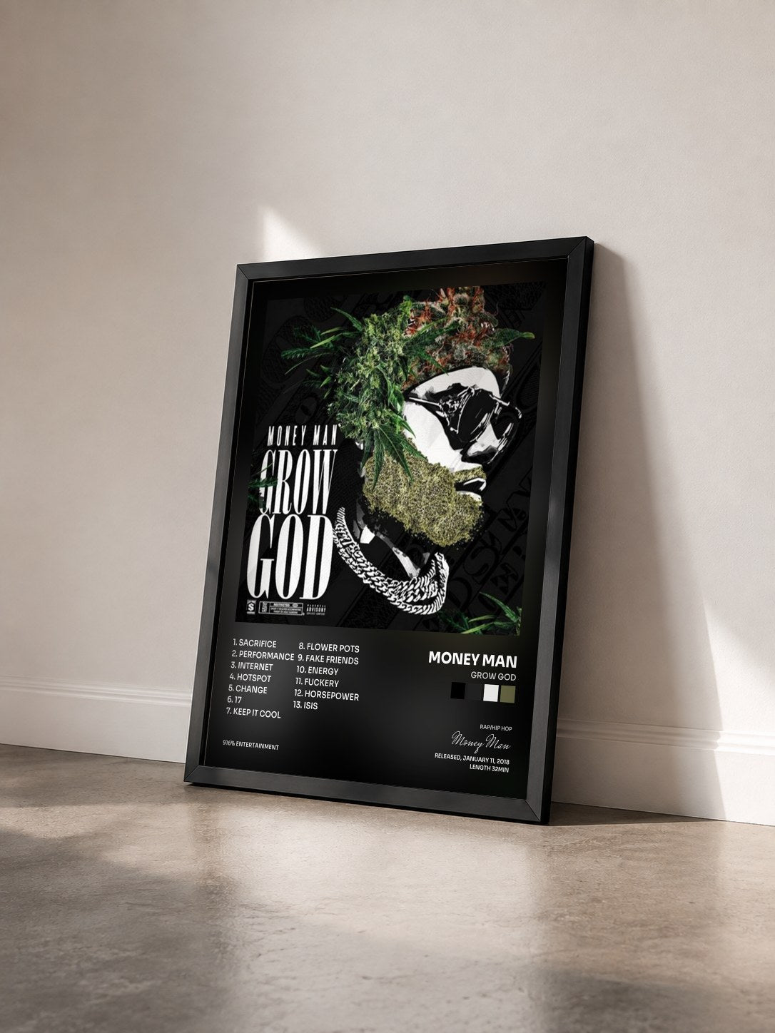 #noir Tableau de l'album Grow God de Money Man vu de trois quarts, cadre noir