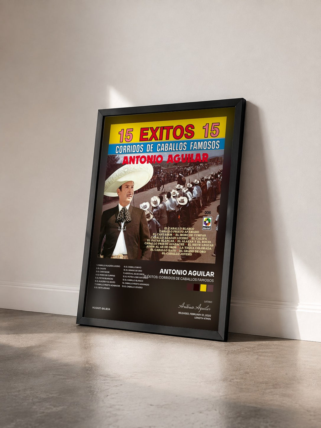 #noir Tableau de l'album 15 Éxitos: Corridos de Caballos Famosos de Antonio Aguilar vu de trois quarts, cadre noir