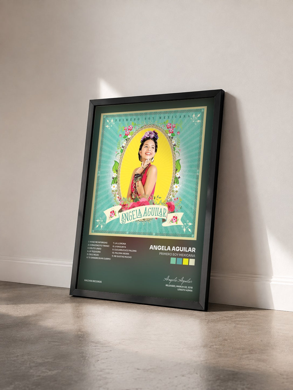 #noir Tableau de l'album PRIMERO SOY MEXICANA de Angela Aguilar vu de trois quarts, cadre noir