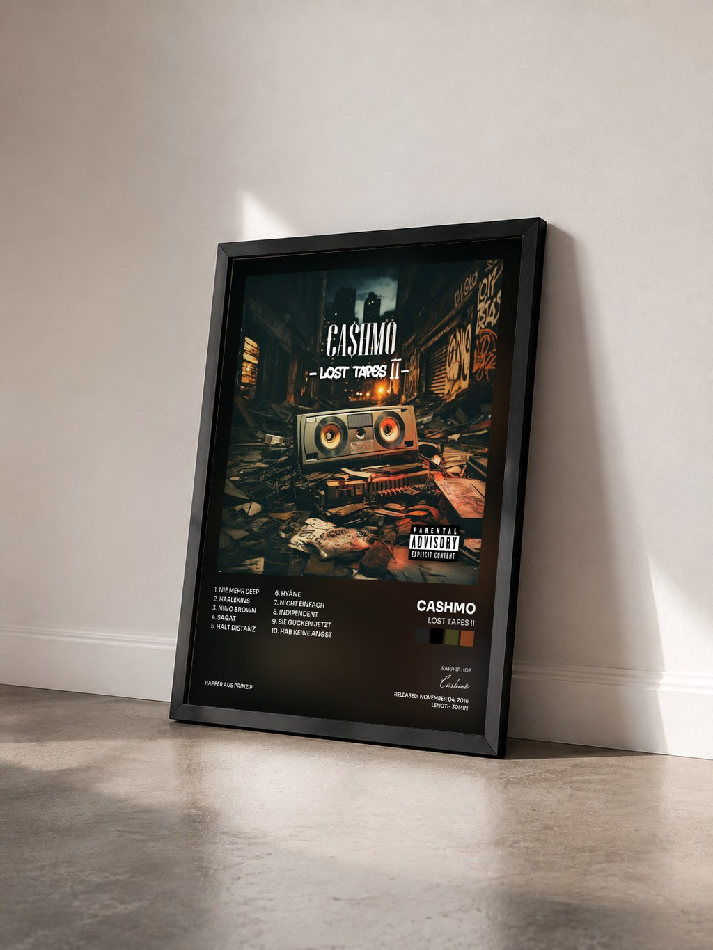 #noir Tableau de l'album Lost Tapes II de Cashmo vu de trois quarts, cadre noir