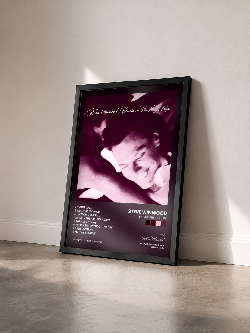 #noir Tableau de l'album Back In The High Life de Steve Winwood vu de trois quarts, cadre noir