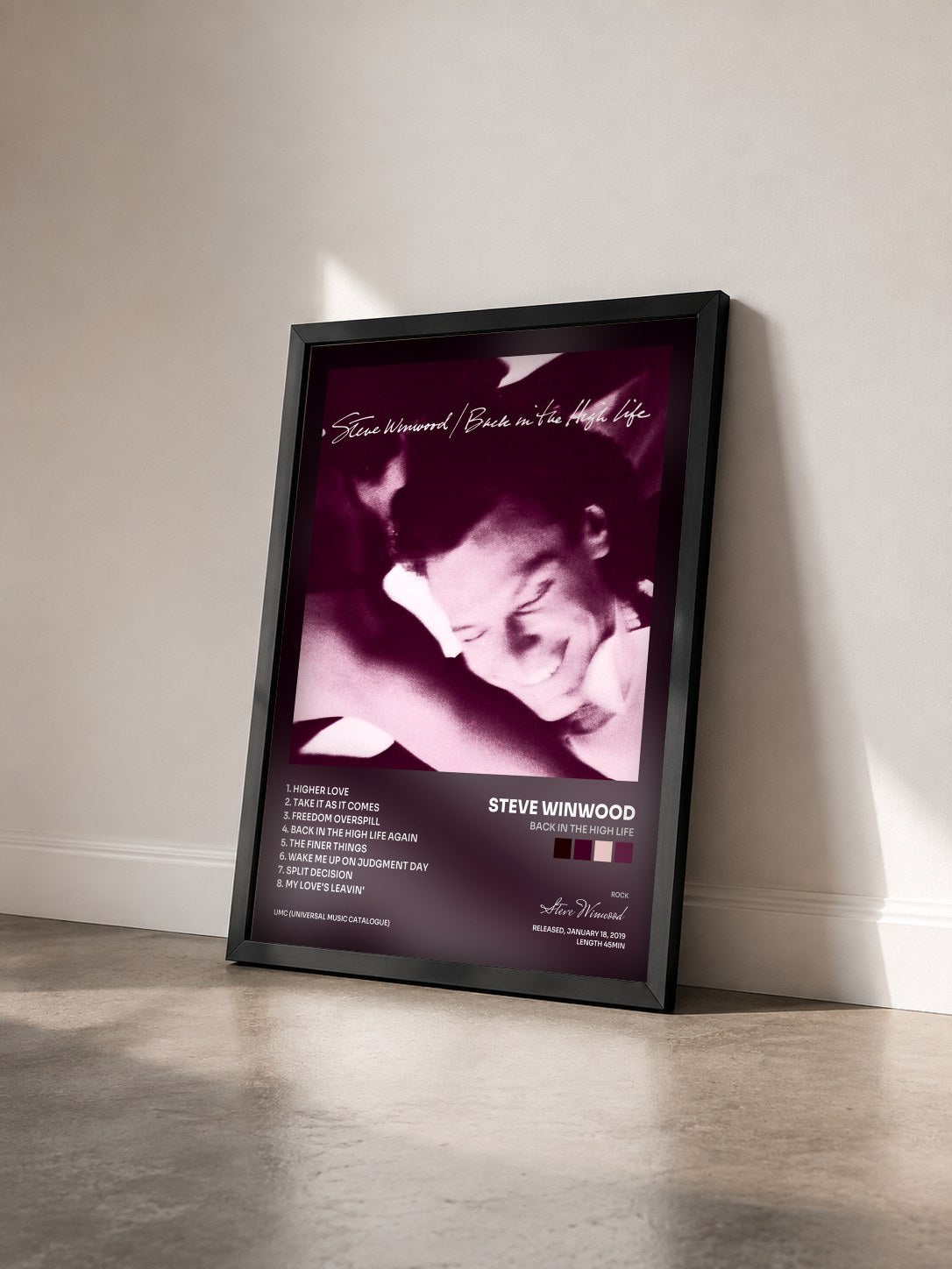 #noir Tableau de l'album Back In The High Life de Steve Winwood vu de trois quarts, cadre noir