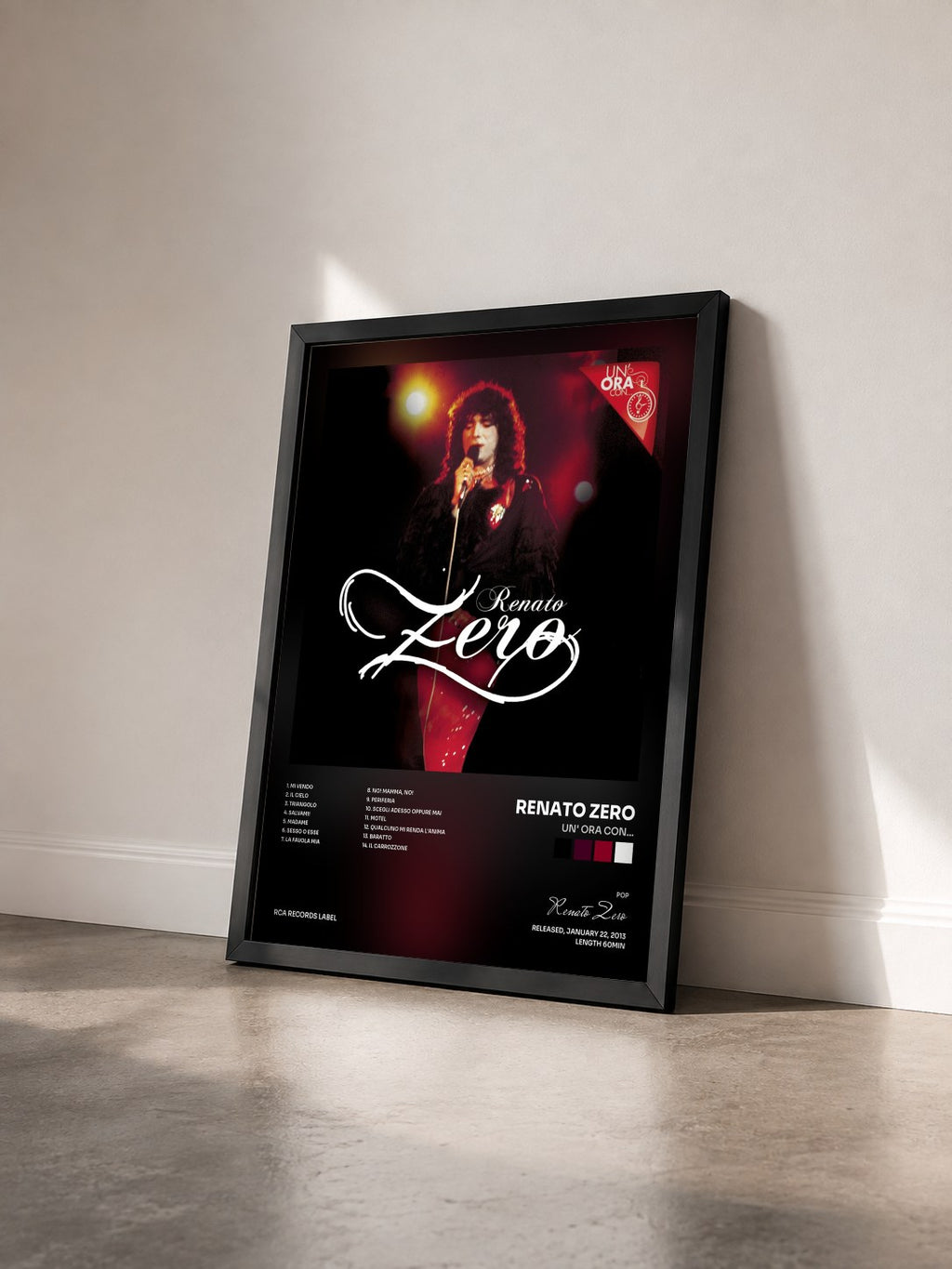 #noir Tableau de l'album Un' ora con... de Renato Zero vu de trois quarts, cadre noir