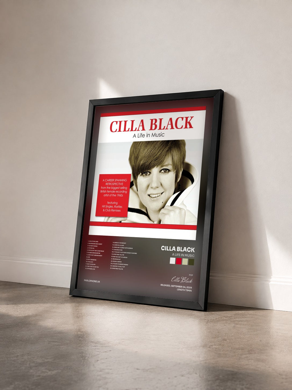 #noir Tableau de l'album A Life in Music de Cilla Black vu de trois quarts, cadre noir