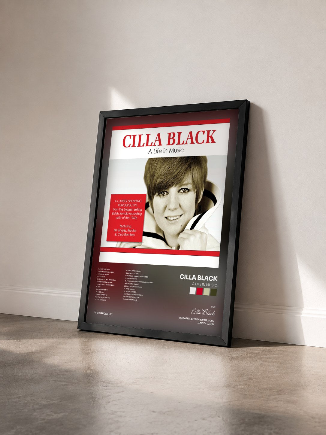 #noir Tableau de l'album A Life in Music de Cilla Black vu de trois quarts, cadre noir