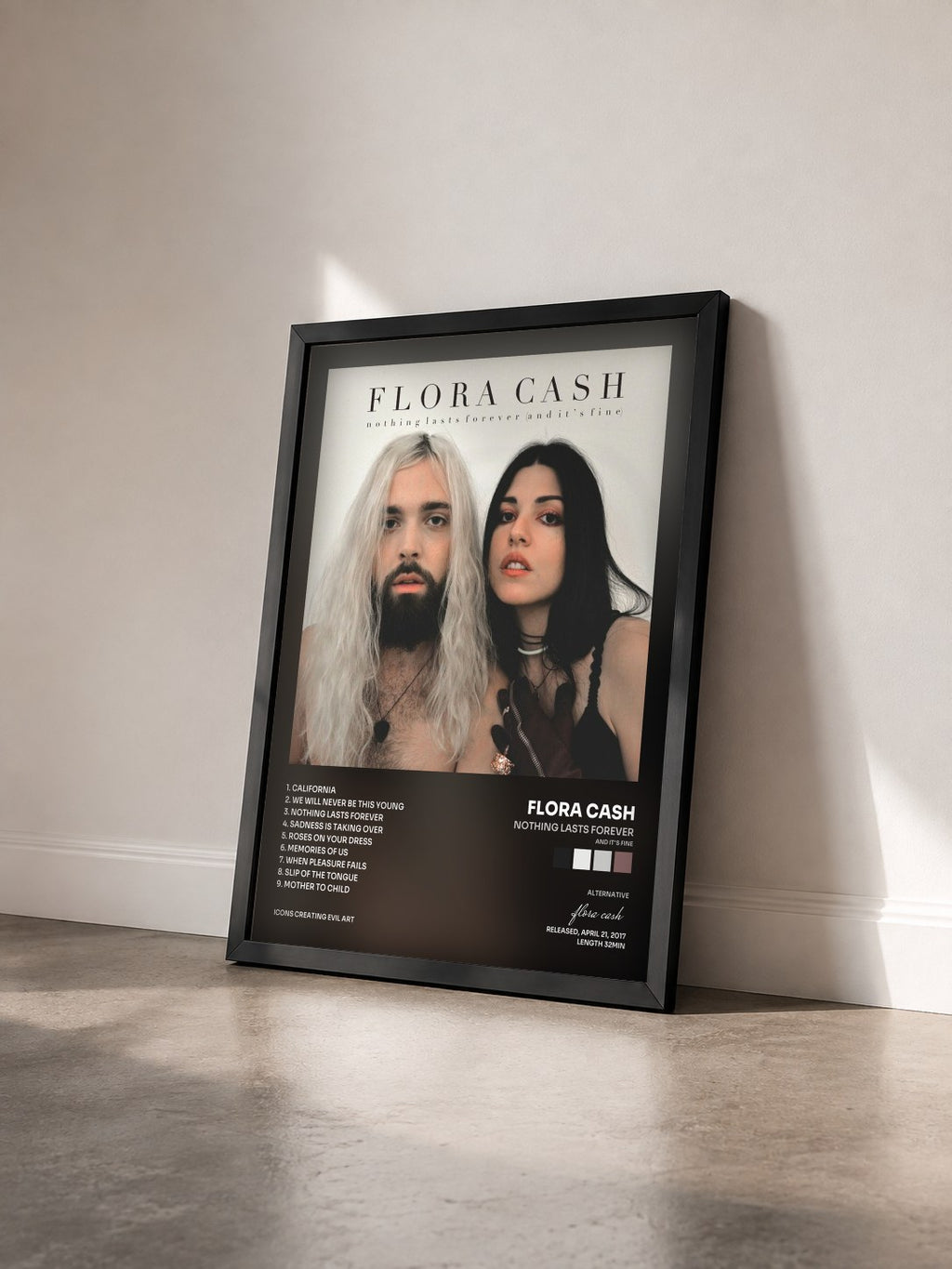 #noir Tableau de l'album Nothing Lasts Forever (And It's Fine) de flora cash vu de trois quarts, cadre noir