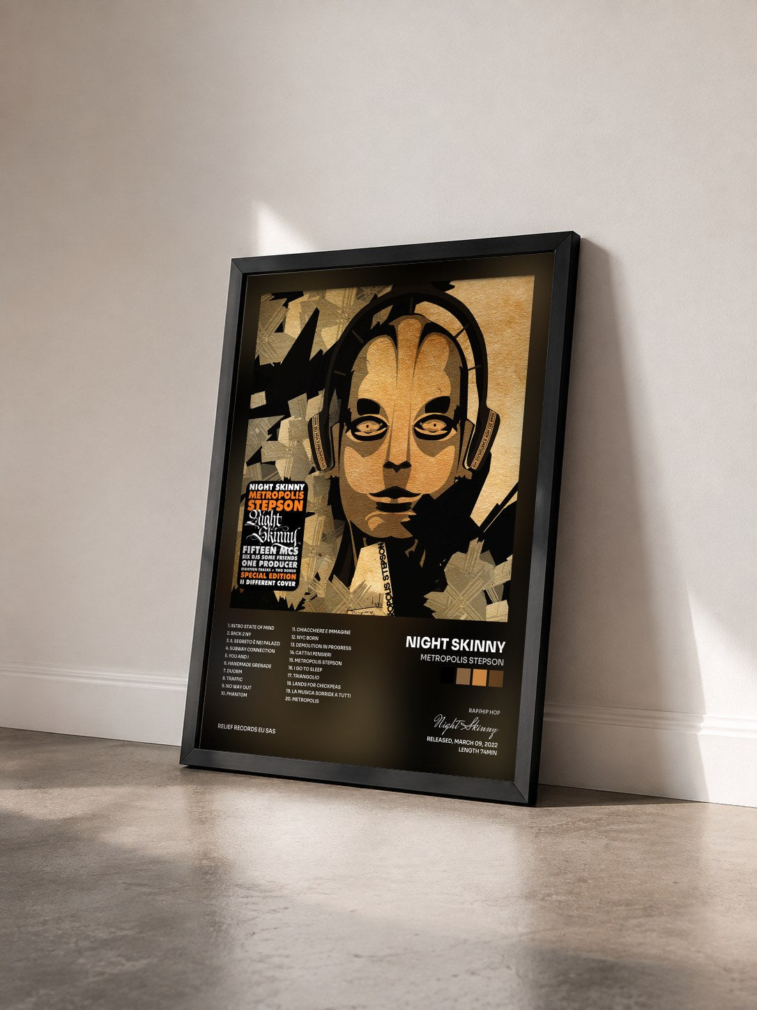 #noir Tableau de l'album Metropolis Stepson de Night Skinny vu de trois quarts, cadre noir