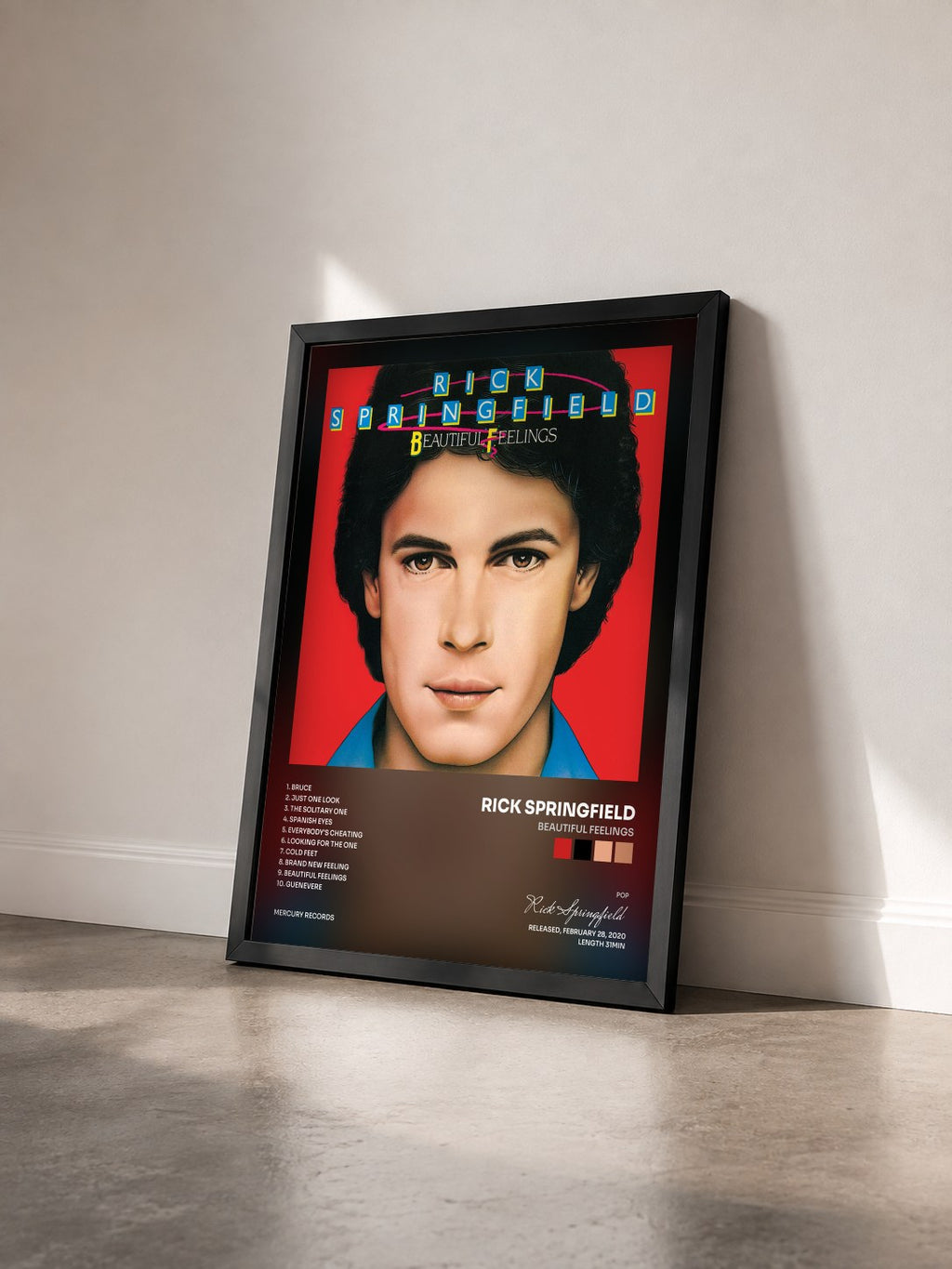 #noir Tableau de l'album Beautiful Feelings de Rick Springfield vu de trois quarts, cadre noir
