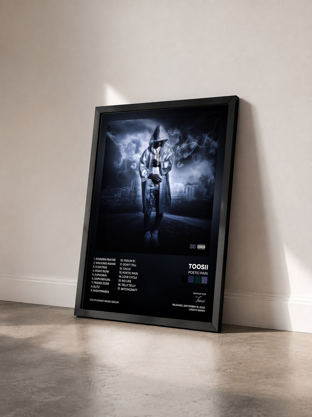 #noir Tableau de l'album Poetic Pain de Toosii vu de trois quarts, cadre noir