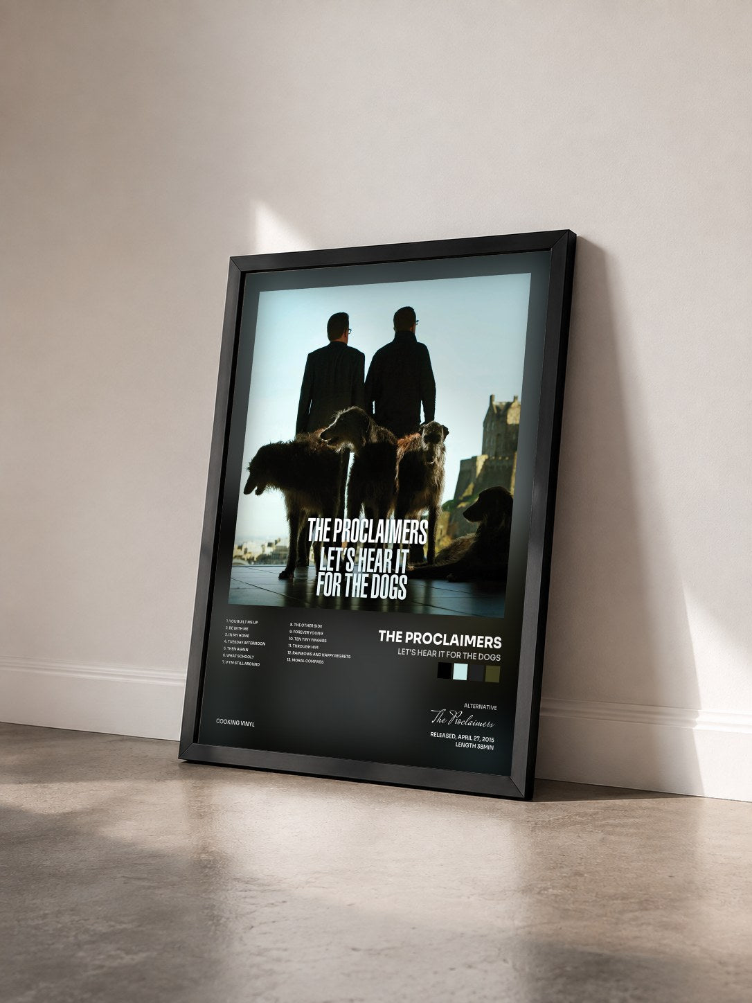 #noir Tableau de l'album Let's Hear It for the Dogs de The Proclaimers vu de trois quarts, cadre noir