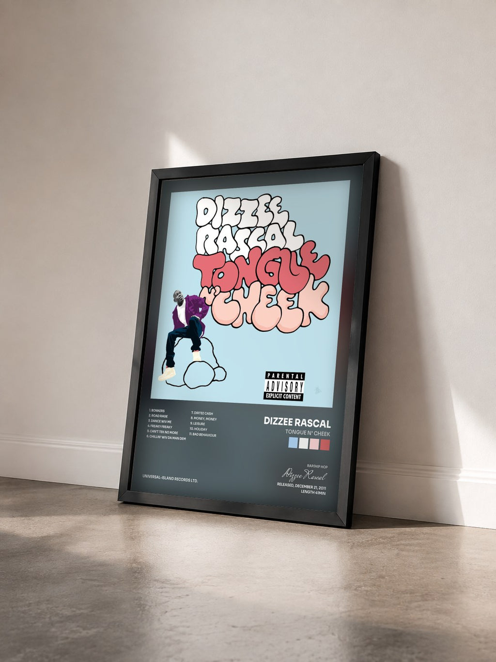 #noir Tableau de l'album Tongue N' Cheek de Dizzee Rascal vu de trois quarts, cadre noir