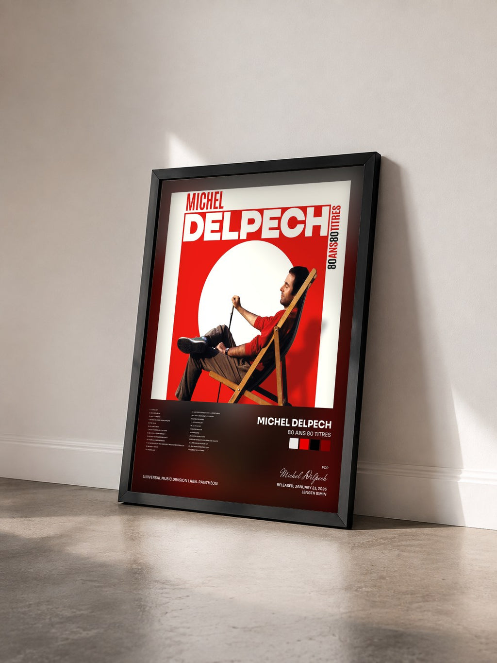 #noir Tableau de l'album 80 ans 80 titres de Michel Delpech vu de trois quarts, cadre noir