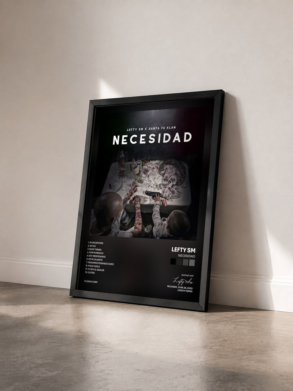 #noir Tableau de l'album Necesidad de Lefty Sm vu de trois quarts, cadre noir