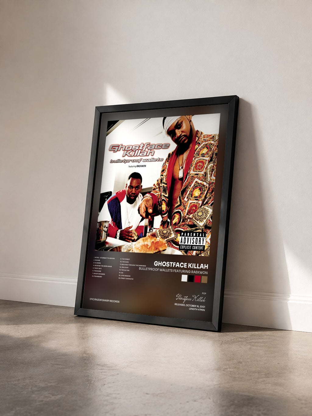 #noir Tableau de l'album bulletproof wallets featuring raekwon de Ghostface Killah vu de trois quarts, cadre noir