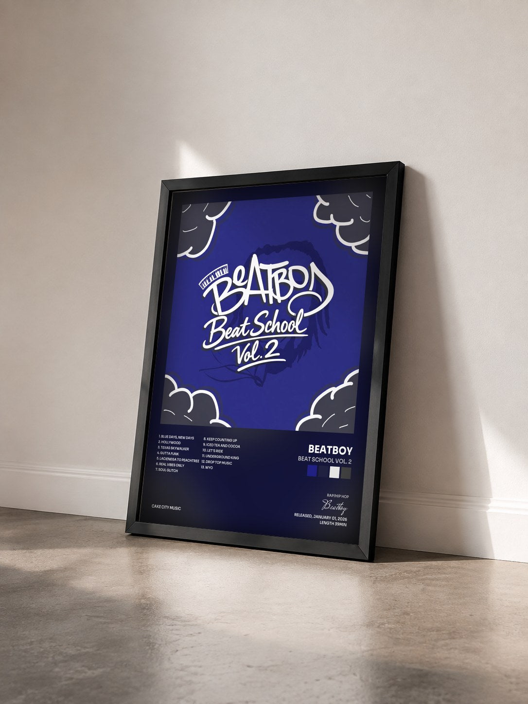 #noir Tableau de l'album Beat School Vol. 2 de Beatboy vu de trois quarts, cadre noir