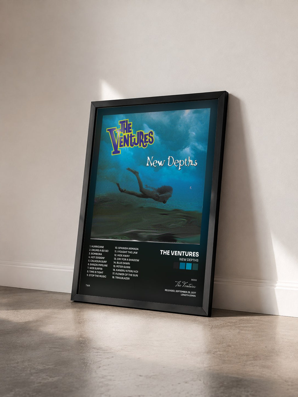 #noir Tableau de l'album New Depths de The Ventures vu de trois quarts, cadre noir