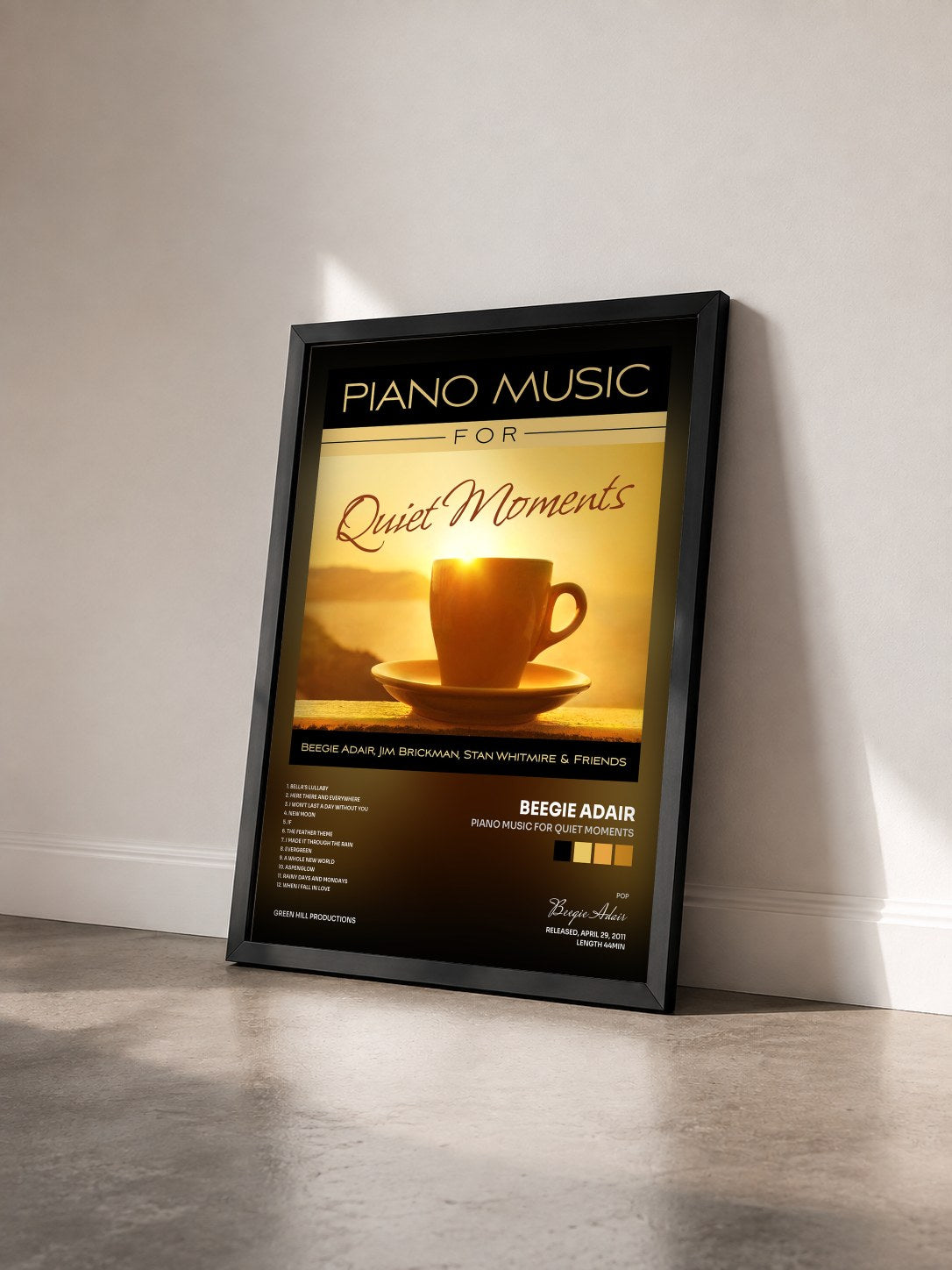 #noir Tableau de l'album Piano Music For Quiet Moments de Beegie Adair vu de trois quarts, cadre noir