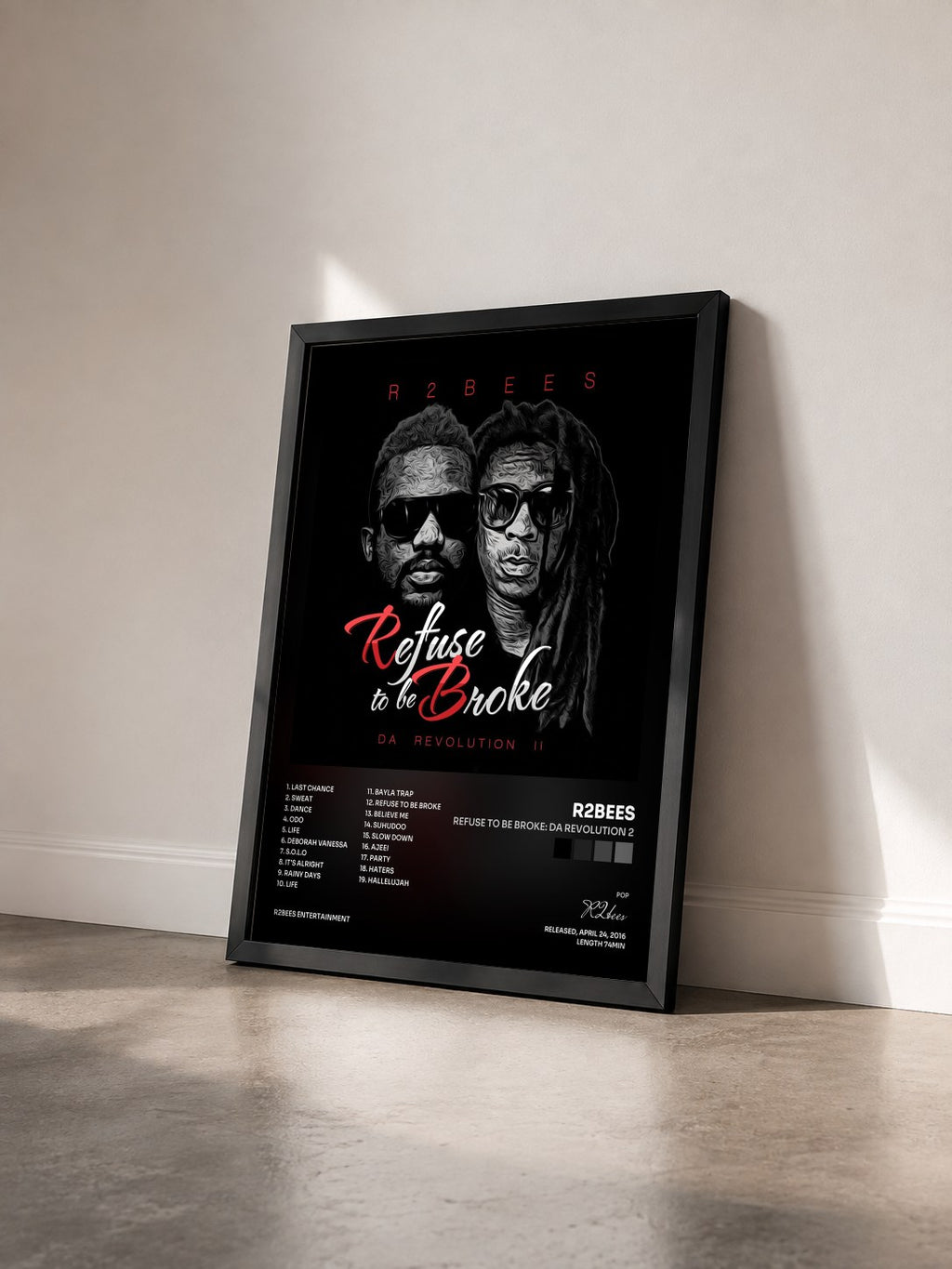 #noir Tableau de l'album Refuse to Be Broke: Da Revolution 2 de R2bees vu de trois quarts, cadre noir