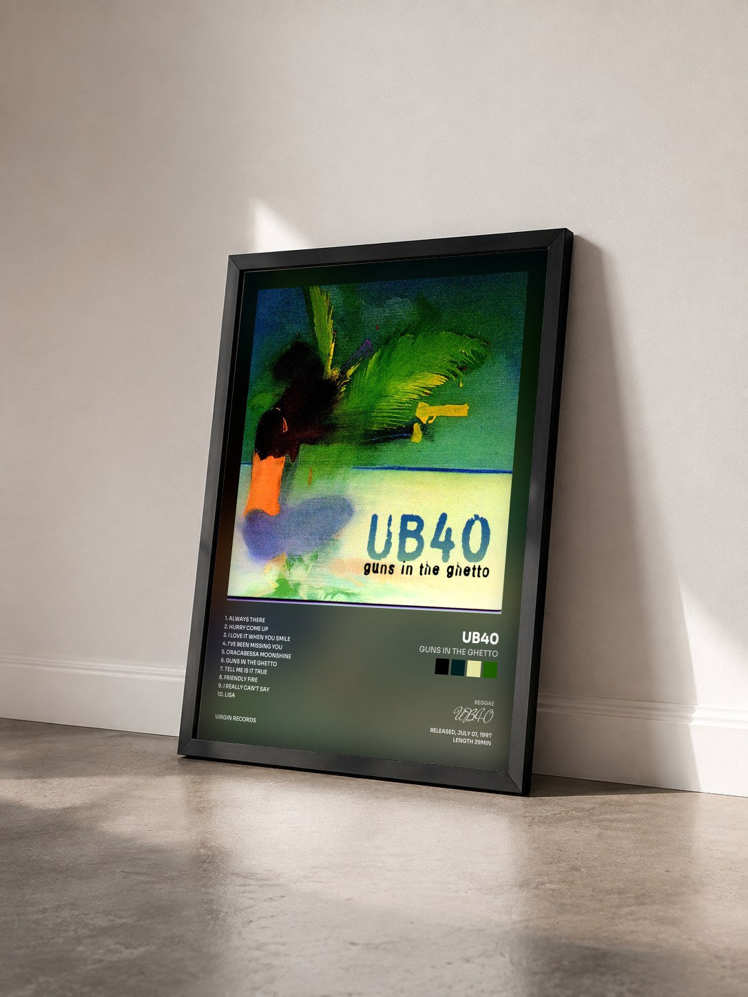 #noir Tableau de l'album Guns In The Ghetto de UB40 vu de trois quarts, cadre noir