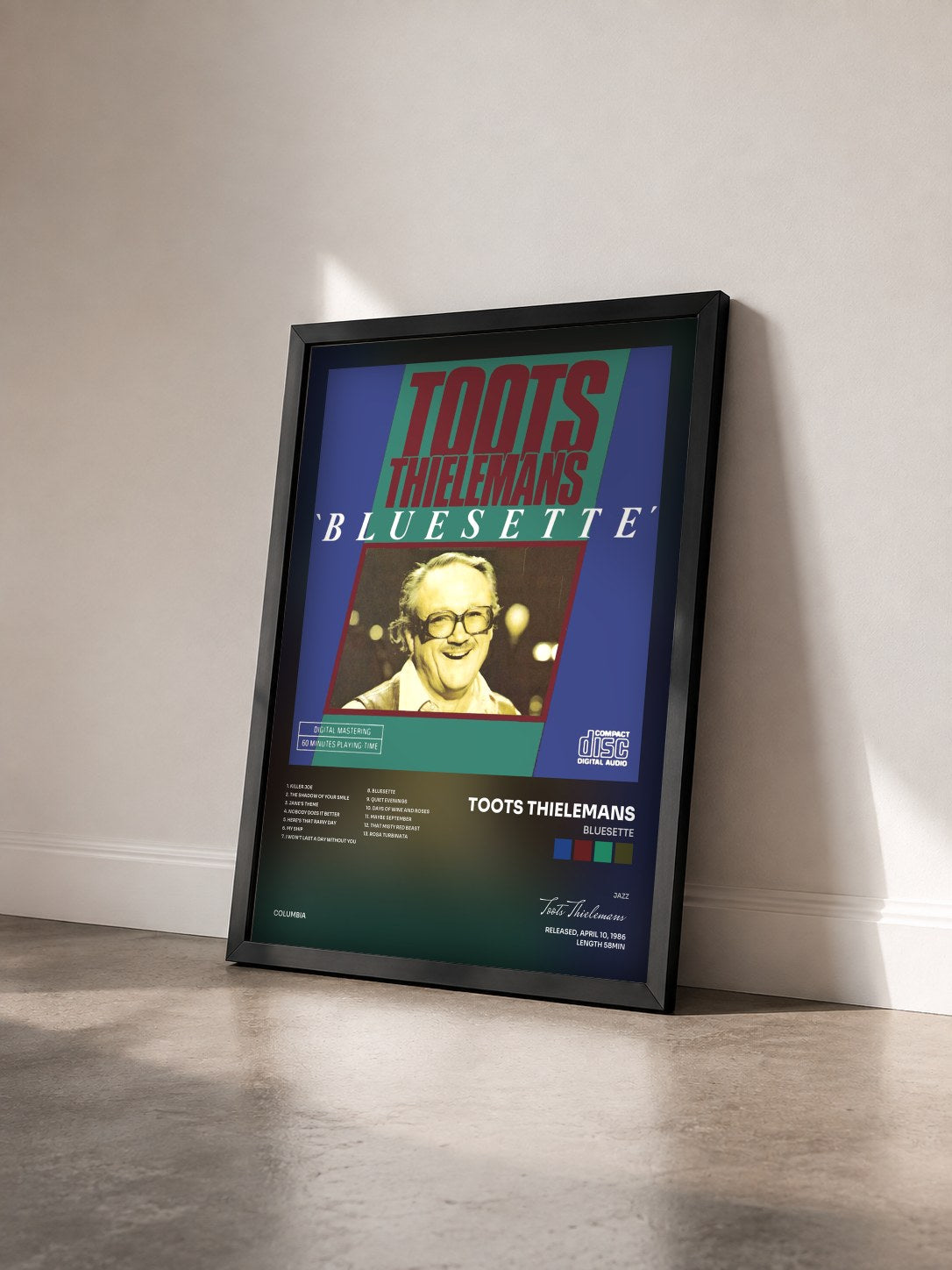 #noir Tableau de l'album Bluesette de Toots Thielemans vu de trois quarts, cadre noir