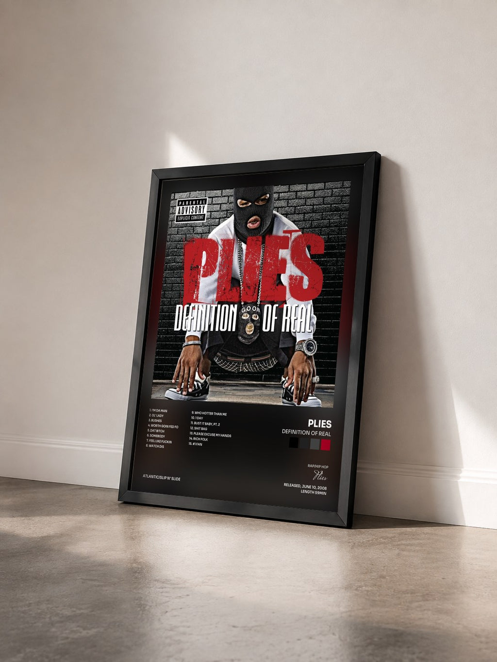 #noir Tableau de l'album Definition of Real de Plies vu de trois quarts, cadre noir