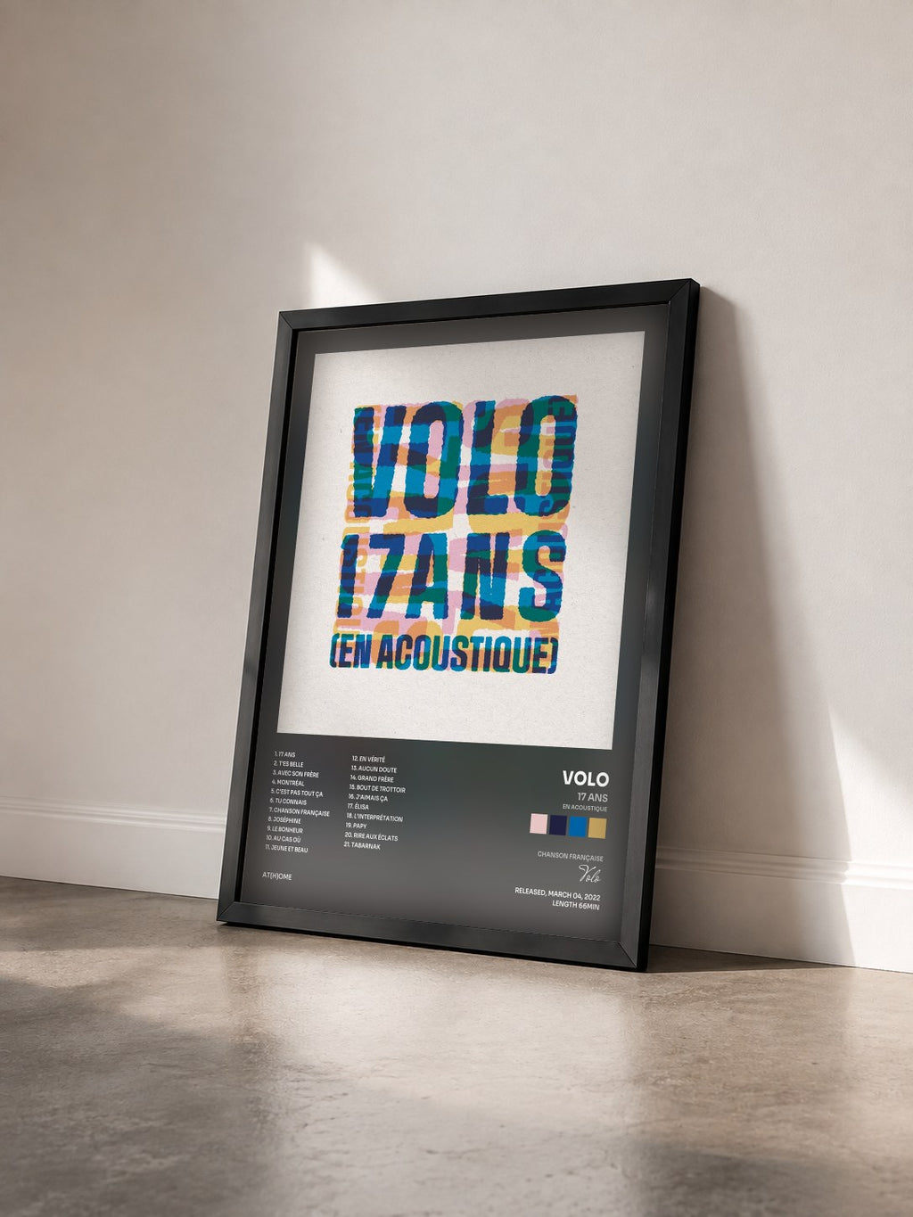 #noir Tableau de l'album 17 ans (en acoustique) de Volo vu de trois quarts, cadre noir