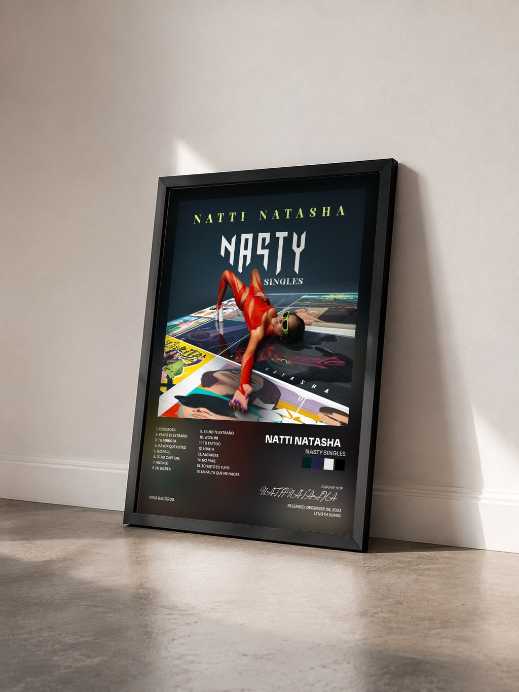 #noir Tableau de l'album NASTY SINGLES de NATTI NATASHA    vu de trois quarts, cadre noir