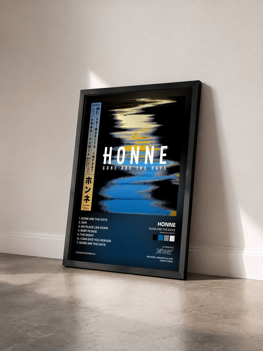 #noir Tableau de l'album Gone Are the Days (Shimokita Import) de HONNE vu de trois quarts, cadre noir