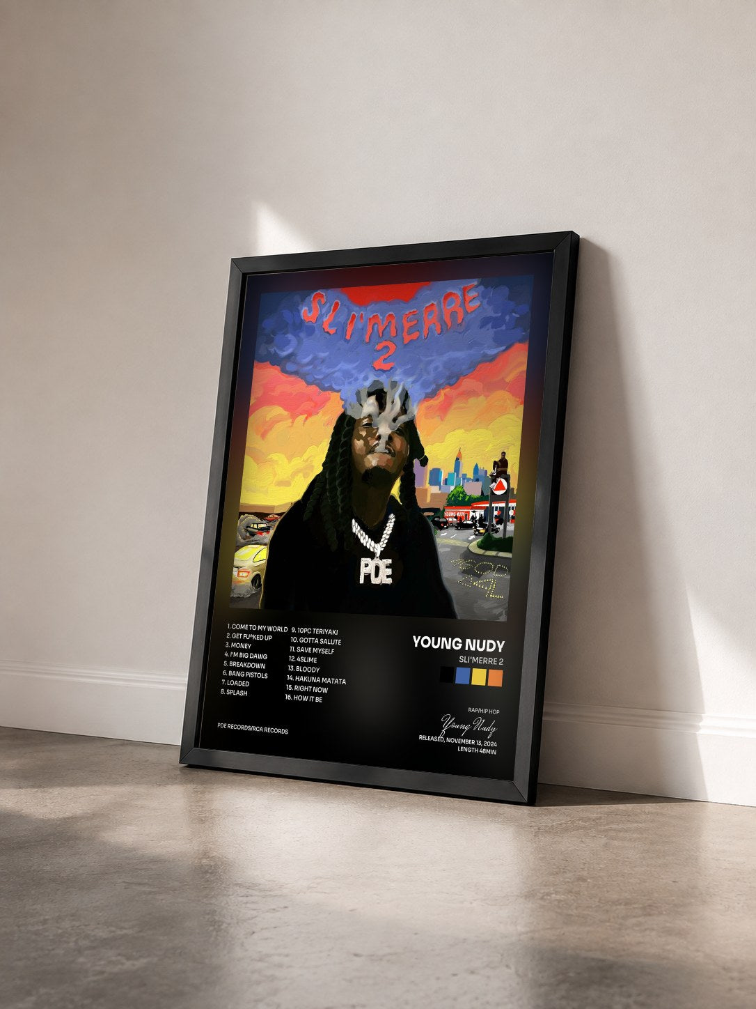 #noir Tableau de l'album Sli'merre 2 de Young Nudy vu de trois quarts, cadre noir
