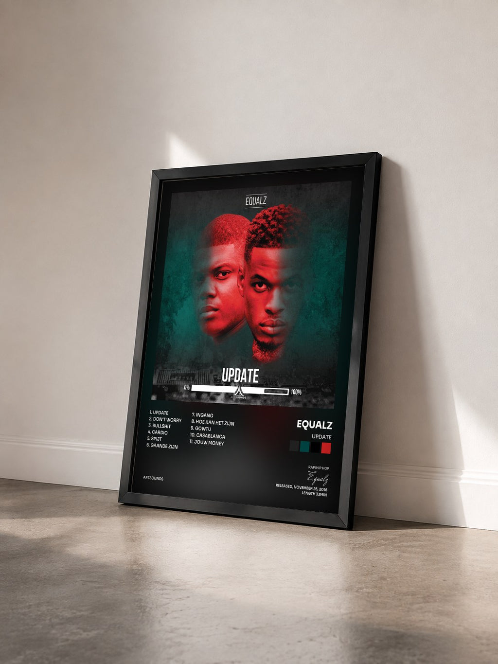 #noir Tableau de l'album Update de Equalz vu de trois quarts, cadre noir