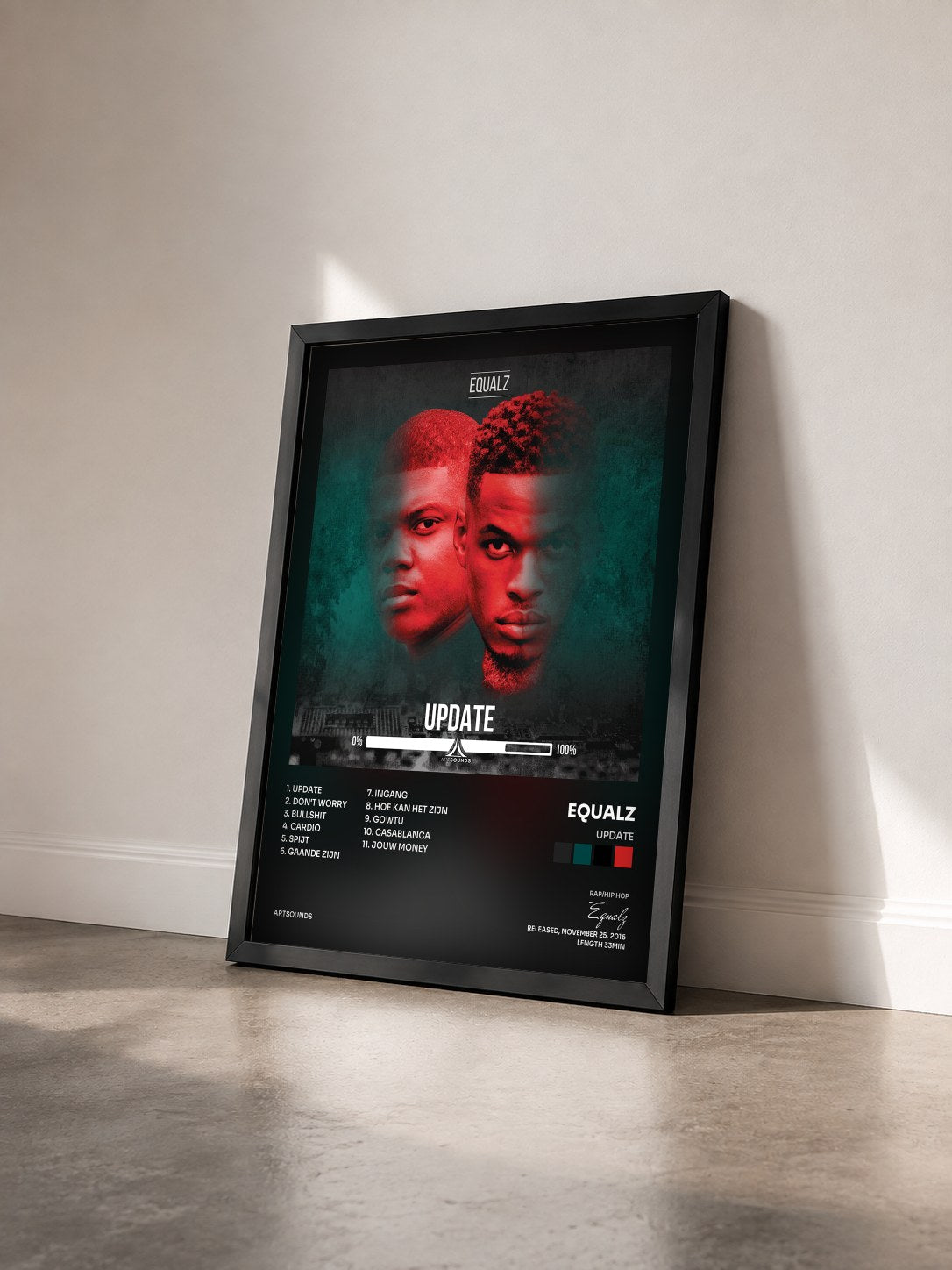 #noir Tableau de l'album Update de Equalz vu de trois quarts, cadre noir