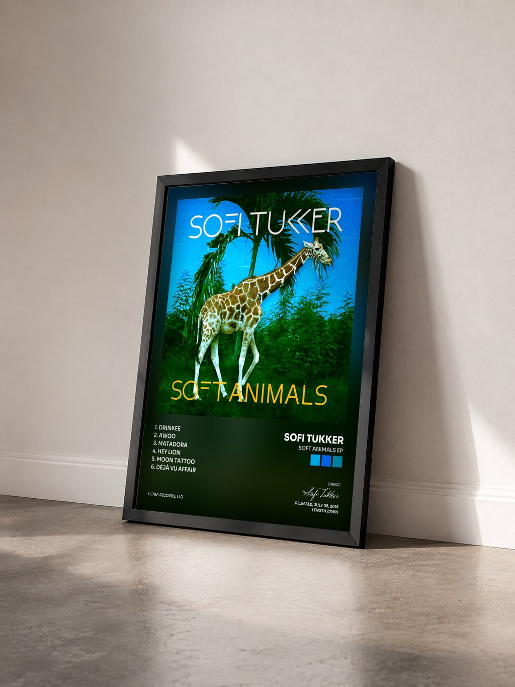 #noir Tableau de l'album Soft Animals EP de Sofi Tukker vu de trois quarts, cadre noir