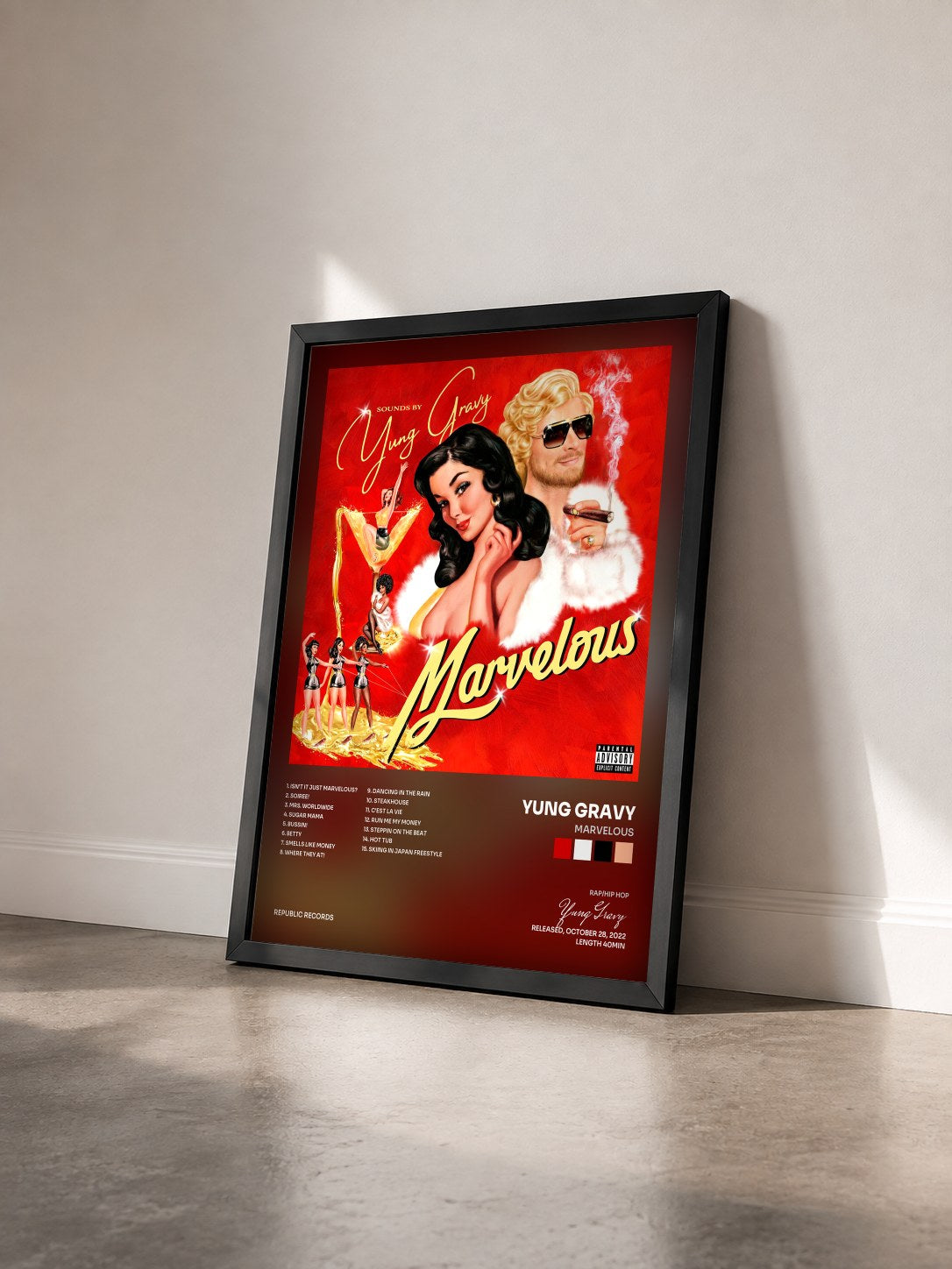 #noir Tableau de l'album Marvelous de Yung Gravy vu de trois quarts, cadre noir