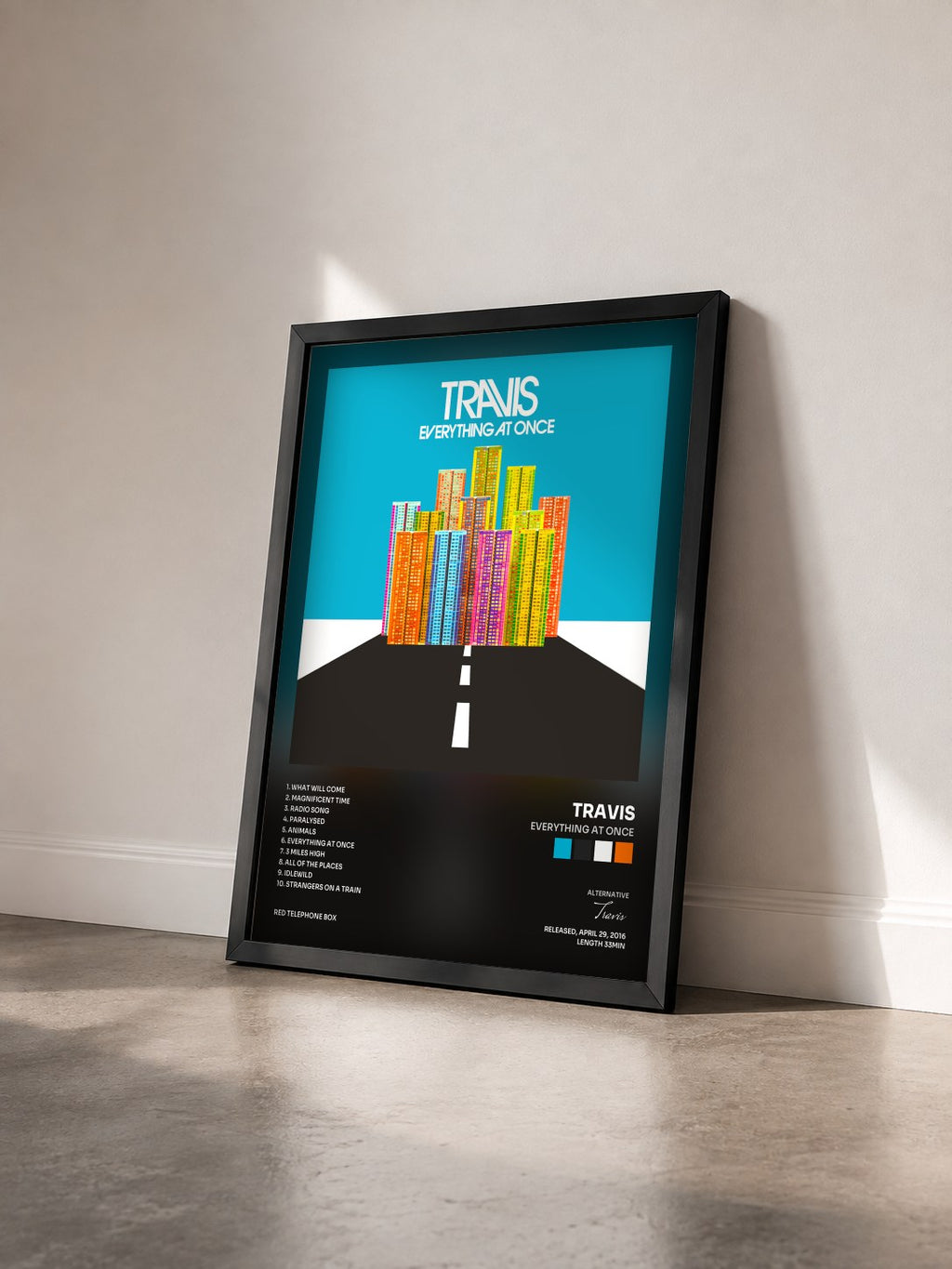 #noir Tableau de l'album Everything At Once de Travis vu de trois quarts, cadre noir