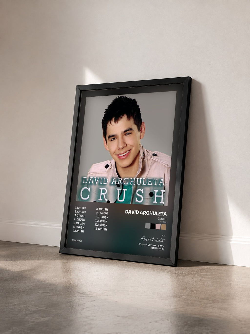 #noir Tableau de l'album Crush (Remixes) de David Archuleta vu de trois quarts, cadre noir