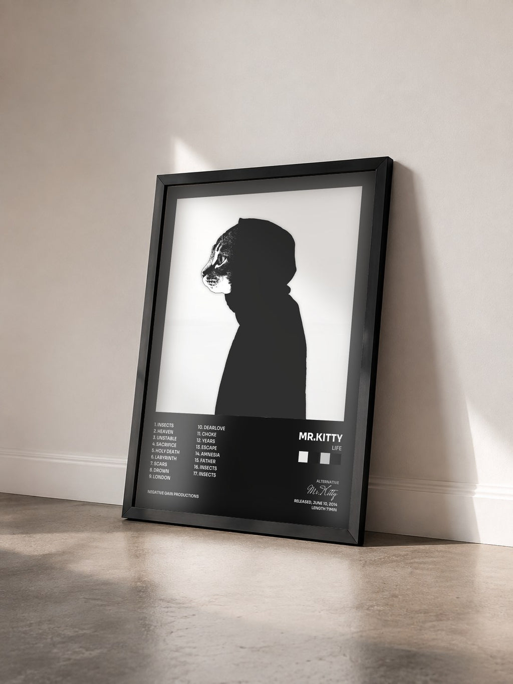 #noir Tableau de l'album Life de Mr.Kitty vu de trois quarts, cadre noir