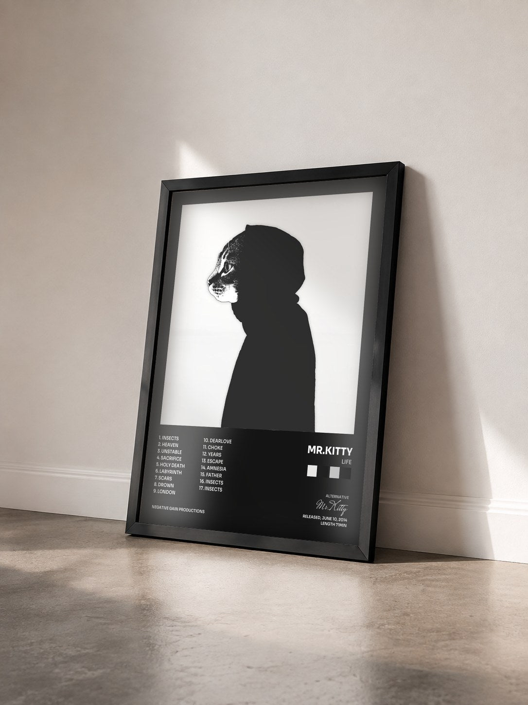#noir Tableau de l'album Life de Mr.Kitty vu de trois quarts, cadre noir