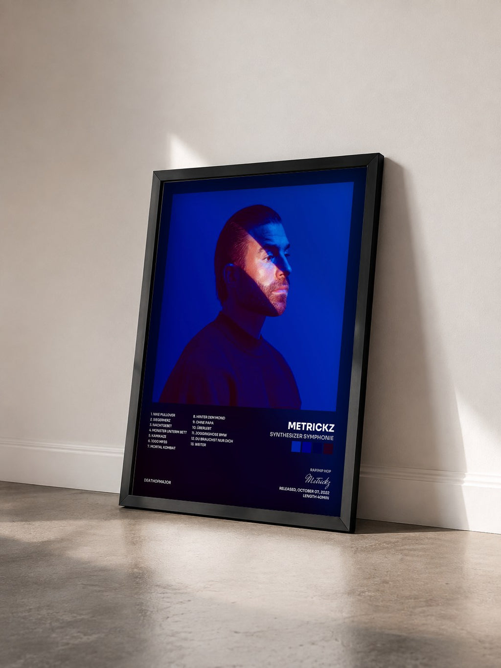 #noir Tableau de l'album Synthesizer Symphonie de Metrickz vu de trois quarts, cadre noir